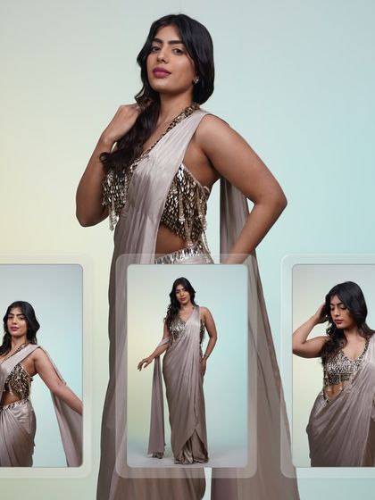 A collage of our metallic pre-draped saree, showing it from multiple angles to highlight its unique design.
