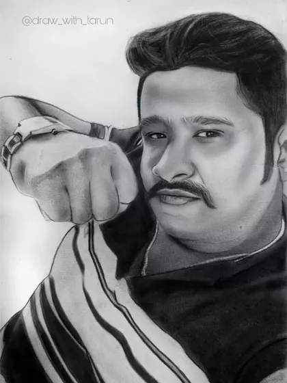 The final version of an A4 charcoal portrait for a client from Karnataka. The pose is dynamic, and I used strong shading to give the drawing depth and a powerful presence.