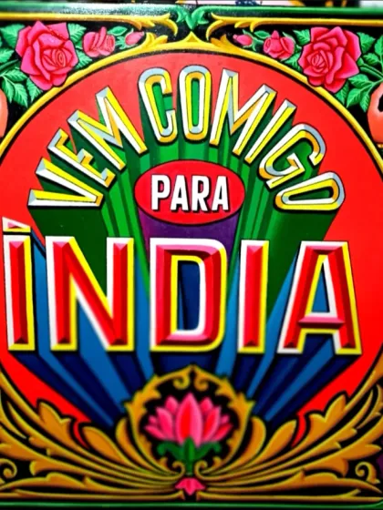 A detailed shot focusing on the typography and floral motifs of the "Vem Comigo Para India" sign.