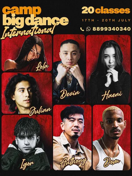 Our official poster for Camp Big Dance International, highlighting the dates and the star-studded faculty.