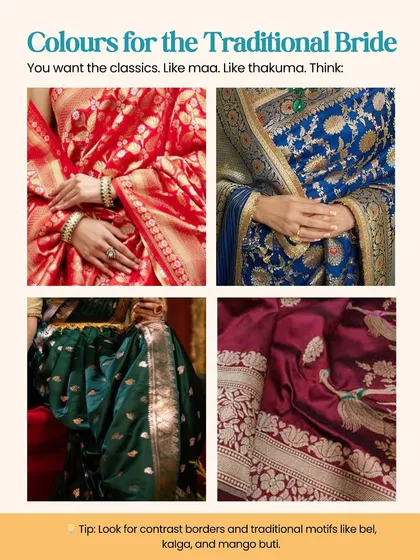For the traditional bride who loves the classics. This section showcases timeless colors like red, royal blue, and deep green, with traditional motifs like kalga and mango buti.
