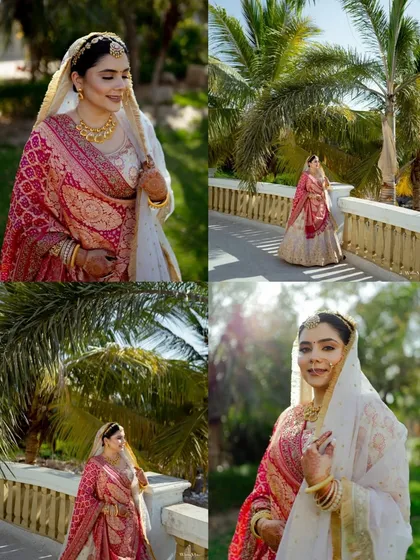 A collage of stunning bridal portraits. The bride's traditional red and white attire is captured beautifully in the golden sunlight against a backdrop of palm trees.