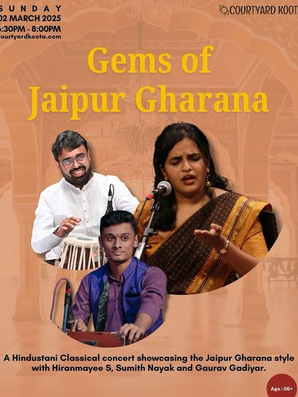The poster for the 'Gems of Jaipur Gharana' concert, featuring Hiranmayee S, Sumith Nayak, and Gaurav Gadiyar. Our programming often focuses on specific classical traditions, offering deep dives for our audience.