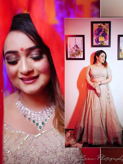 An album-style page showing two portraits of the bride at her engagement, one close-up and one full-length.