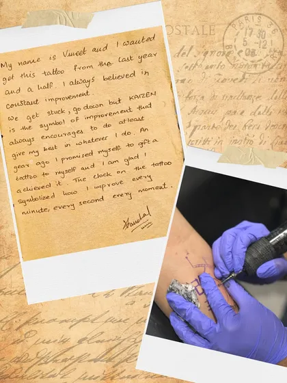 Vineet's handwritten note about his journey to getting his first tattoo, a symbol of his belief in constant improvement.