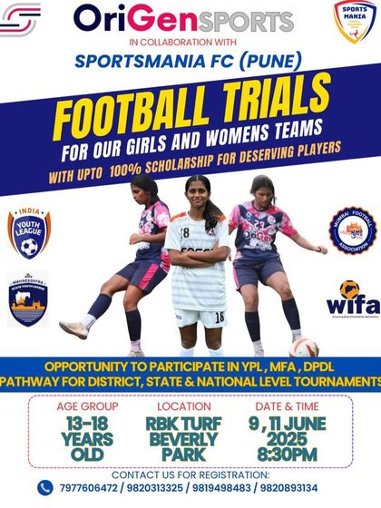 An opportunity for aspiring female footballers. Our official trials flyer for girls (ages 13-18) to join our elite program, which offers a pathway to the Indian Women's League (IWL) and other top-tier competitions through our partnership with Sportsmania FC.
