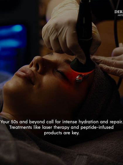 For those in their 50s and beyond, intense hydration and repair are key. This graphic recommends laser therapy and peptide-infused products.