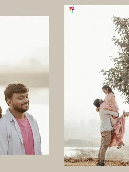 A two-panel collage showing both a playful lift and a quiet moment of rest, showcasing the couple's dynamic relationship.