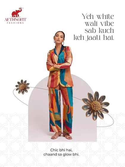This is for when you want to be minimal on noise but maximal on nazar. I designed this floral silk co-ord set for that effortless, chic look. It’s my take on western wear with a desi twist, and I can custom-fit it for you in just 7 days.