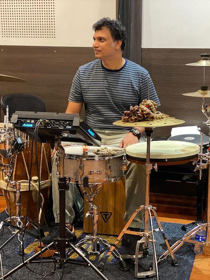 Our drummer, Tarun, at his kit during the open rehearsal. It's in these sessions that we lock in the grooves and dynamics for the live show.