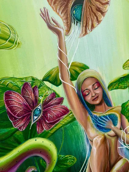 A close-up of my painting about inner peace. The butterfly with an eye symbolizes a new way of seeing, born from introspection and meditation.