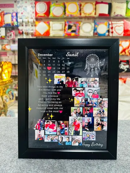 This birthday-themed collage frame is designed to tell a story. It holds 15-20 of your pictures, a personal message, and a calendar to highlight the special day, all arranged in a sleek black frame.