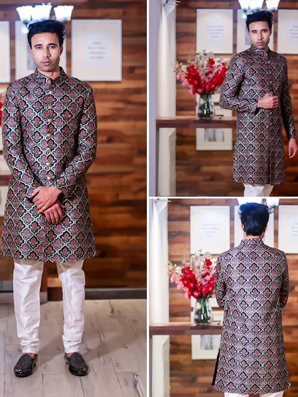 A collage showing our dark-toned printed sherwani from all angles. The intricate pattern makes it a unique choice for an evening function.