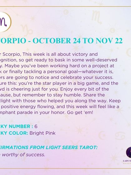 A triumphant weekly forecast for Scorpio, signaling victory and recognition. This reading encourages you to enjoy the spotlight while staying humble and sharing your success.