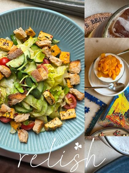 Relishing the food at a cafe, this collage features a healthy salad and a decadent mango dessert.