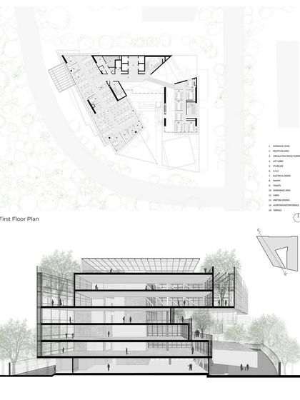 The first-floor plan and a cross-section of the Mankind HQ. These technical drawings show the resolution of the design concept, detailing the arrangement of workspaces and the building's porous relationship with the surrounding landscape.