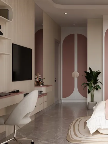 This view showcases the room's elegant flow, from the integrated study and media unit to the beautifully arched wardrobe doors in blush pink. The design uses curves and soft colors to create a gentle, feminine energy.