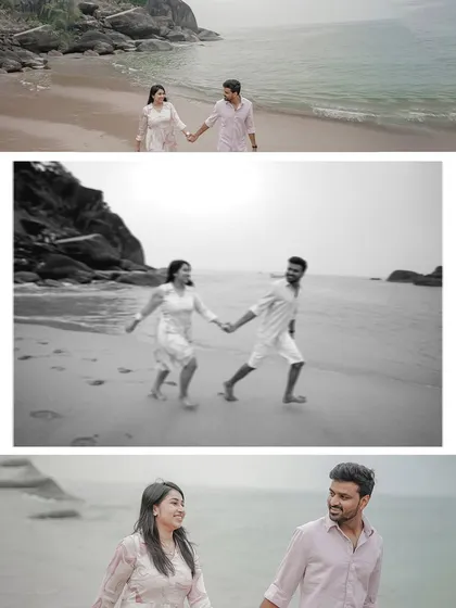 This collage captures the story of a walk along the beach. It includes a mix of color and black & white shots, showing the couple's journey along the sand in a dynamic way.