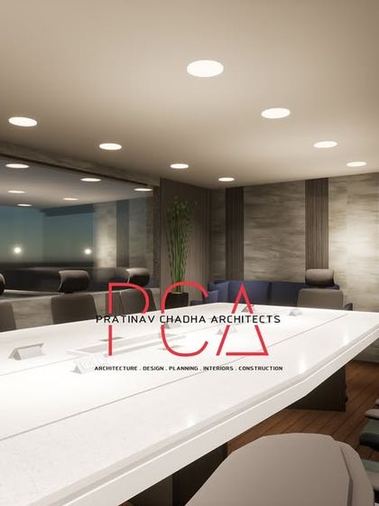 Another perspective of the Narela conference room visualization. This angle shows the length of the table and the subtle wall paneling, emphasizing the clean, uncluttered aesthetic of the design.
