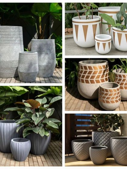 A collage showcasing some of the new designer planters available in our showroom, featuring various textures, patterns, and finishes.