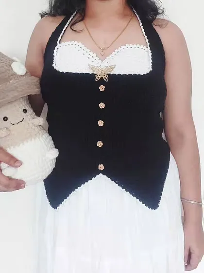 Here I've styled the Belladonna Top with one of my custom amigurumi plushies, showing the range of items I can create.