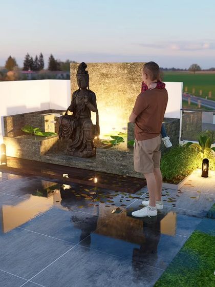 A 3D render showcasing a large statue as a water feature, creating a dramatic and serene focal point.