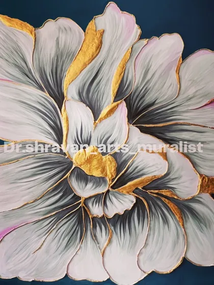 We also explore different styles, like this hybrid mural that combines 3D texture with realistic painting techniques. The layers of petals are brought to life with delicate shading and bold gold foil accents, creating a piece with incredible depth.