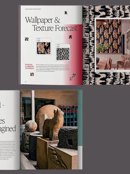 This layout from the 2025 report focuses on the Wallpaper & Texture Forecast. The design frames product applications alongside cultural narratives, demonstrating how we integrate commercial offerings into a broader story.