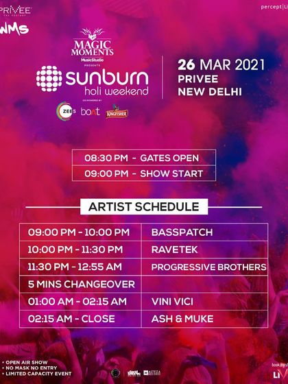 This was the artist schedule for the Sunburn Holi Weekend event featuring Vini Vici. I was tasked with playing the closing set, keeping the energy high after their legendary performance.