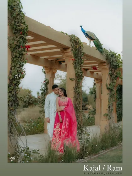 A beautifully designed graphic featuring Kajal and Ram's romantic portrait from Suryagarh, Jaisalmer. This is a lovely way to present a hero image from a couple's shoot.