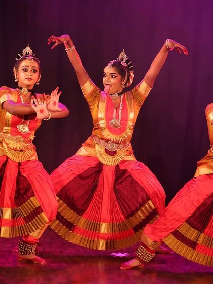 A glimpse of our "Narasimha Kavuthuvam" performance. The powerful and energetic poses of the dancers bring the fierce form of Lord Narasimha to life.