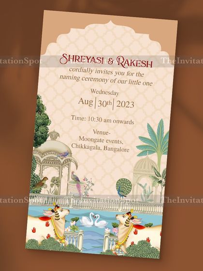 A Pichwai theme naming ceremony invite that is rich in tradition and artistry. The design features beautiful cows, swans, and architectural elements inspired by classic Pichwai paintings.