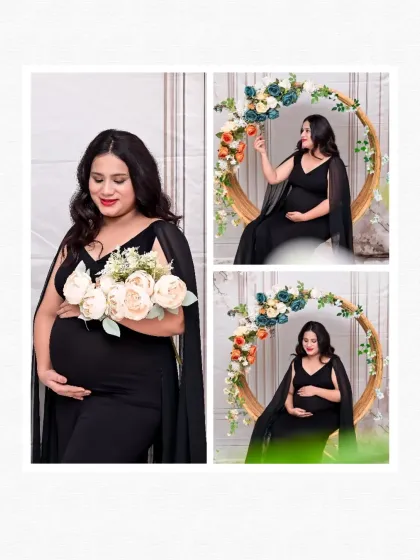 A collage of solo portraits in a chic black gown. The mom-to-be poses with a bouquet of flowers and on our circular floral prop, showcasing different modern and elegant looks.