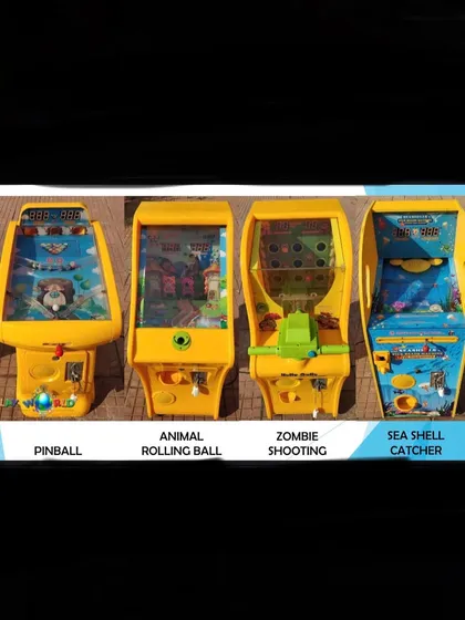We offer a variety of compact, tabletop arcade games perfect for kids. This image shows four different options available for rent: Pinball, Animal Rolling Ball, Zombie Shooting, and a Sea Shell Catcher game.