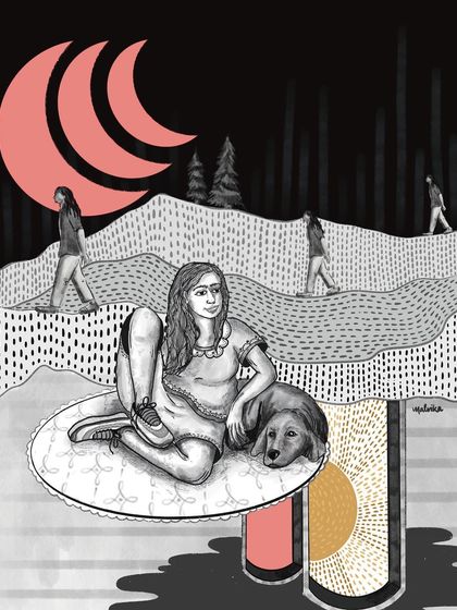 A surreal landscape where a girl and her dog float on a magic carpet, observing others walk through a dream-like world. This illustration is about giving yourself the freedom to explore beyond your current reality and to let go of what holds you back.