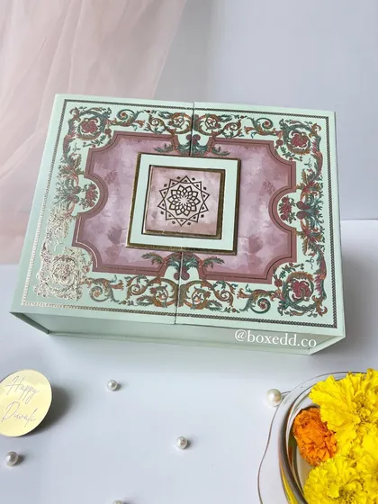 The exterior of our beautiful mint green and pink floral box, a popular choice for festive gifting. The intricate design and magnetic closure add a touch of luxury.