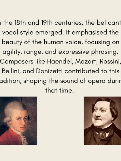 The emergence of the 'bel canto' vocal style in the 18th and 19th centuries emphasized the beauty, agility, and expressive phrasing of the human voice.