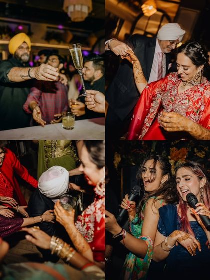 A collage of the Sangeet party, showing family and friends dancing, singing karaoke, and raising a toast to the happy couple.