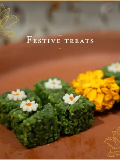 Our festive Pista Sweet is a celebration in itself. These vibrant green bites, made from pistachio, are decorated with tiny edible flowers, making them a beautiful addition to any festive spread.