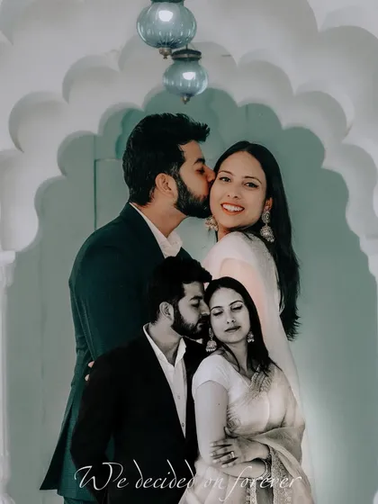 A creative edit of a couple's portrait session, blending multiple poses to tell a story of togetherness. Our classic architectural backdrops are perfect for such artistic compositions.