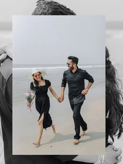 An artistic edit of a couple running happily on the beach in Goa. The layered effect adds a dreamy, memorable quality to this candid moment.