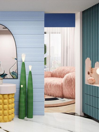 A view from the bathroom into the lounge, showing how the playful and colorful aesthetic flows between spaces.