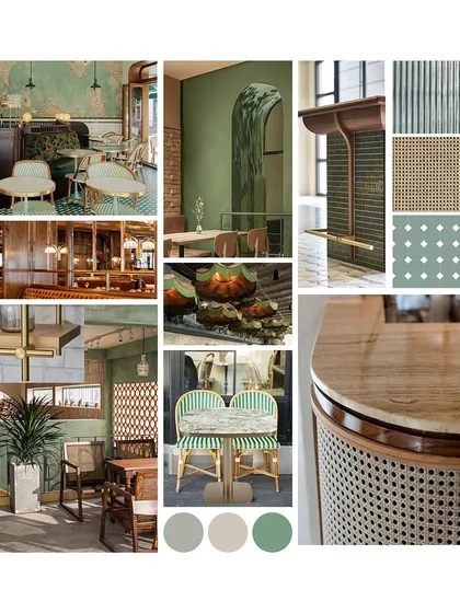 Every project begins with a story. This was our initial moodboard for the cafe, establishing the core palette of green onyx, cane, sage lime plaster, and brass that would guide the design.