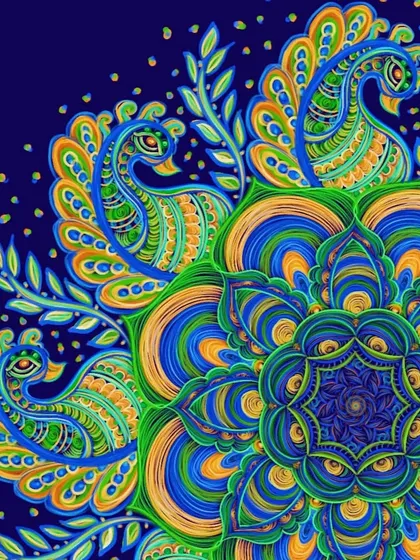 This corner view shows how the peacock motifs are integrated with leafy patterns, creating a lush and organic design. The deep blue background makes the bright colors of the peacock shine.