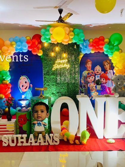 Another view of the Cocomelon theme with personalized cutouts, showing the full decor.