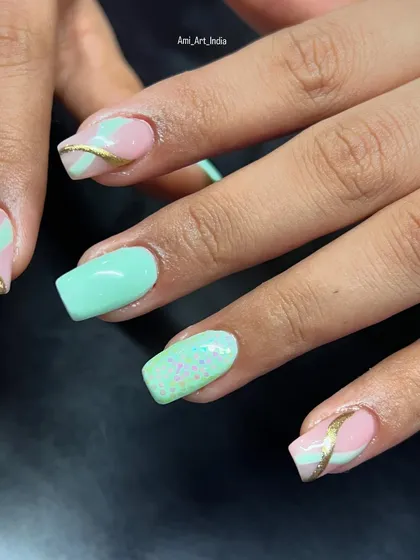 Another view of the cool and graphic mint green and pink design.