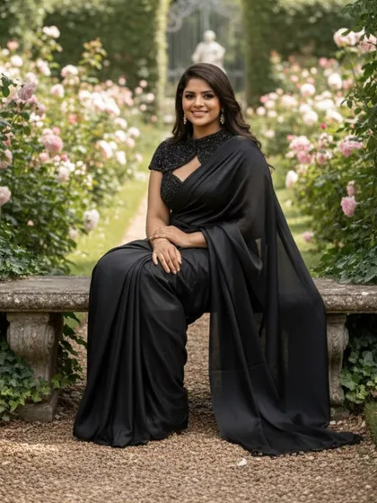 For a look that is both modern and timeless, this black pre-draped saree is the perfect choice. The embellished high-neck blouse adds a touch of glamour, making it ideal for formal events and evening parties.