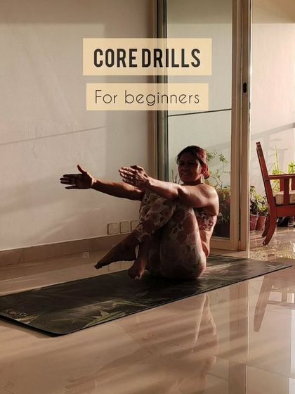 This image is part of a basic core drill set perfect for beginners. This seated twist variation helps build rotational strength and stability in the core, which is essential for almost every fitness regime.