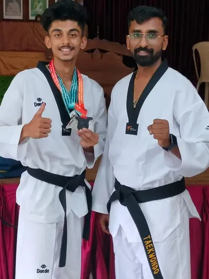 Celebrating a significant victory with my student, Shreyas V, after he secured multiple medals at the Karnataka State Taekwondo Championships. My coaching philosophy is built on a strong mentor-student partnership, guiding athletes through every step of their competitive journey.