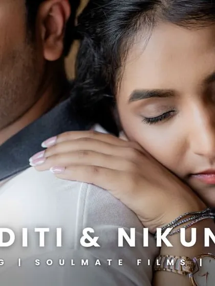 A title card for a pre-wedding film, featuring a close, emotional portrait of the couple. The text identifies them and sets the tone for a story-driven and personal film.